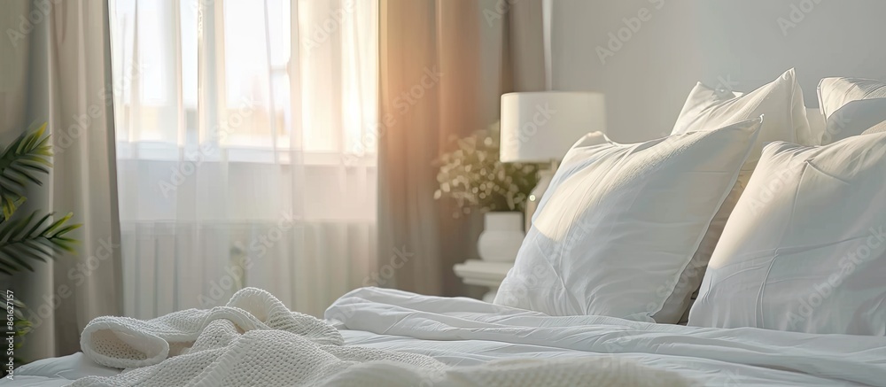 Poster white comfortable pillow and blanket on bed with light lamp decoration interior of bedroom. with cop
