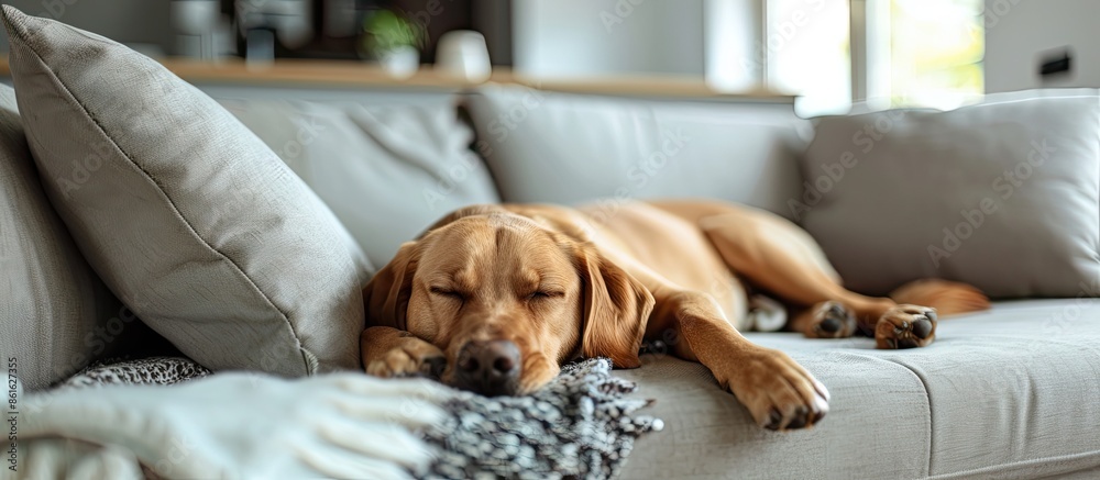 Poster A dozing canine resting on the couch in the living room with plenty of empty space for an image. with copy space image. Place for adding text or design