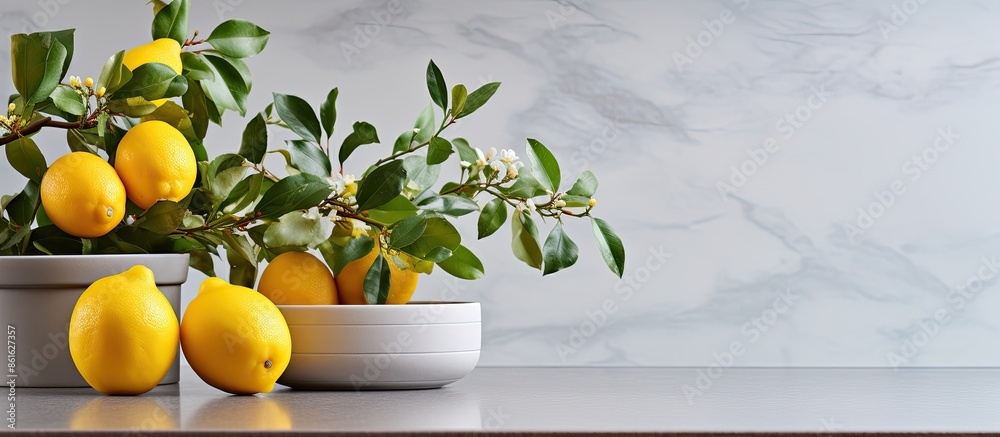 Poster kitchen countertop featuring a potted lemon tree with ripe fruits, providing room for a text overlay