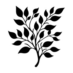 A black silhouette of a tree branch with multiple leaves
