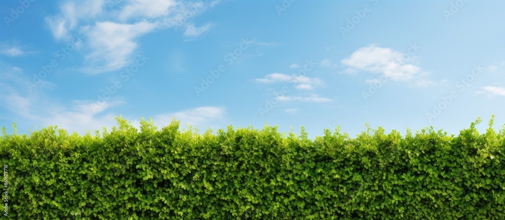 Poster garden hedge against a backdrop of the sky in a copy space image.