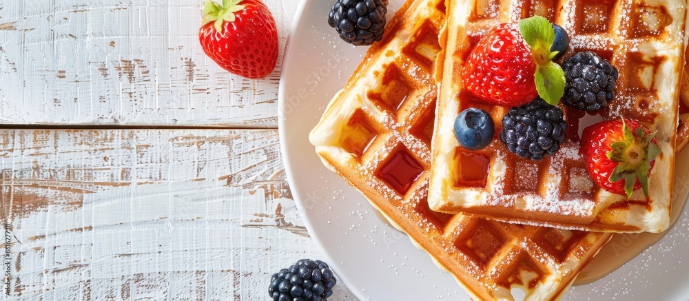 Poster A menu concept showcasing Belgian or American waffles as a delectable dessert snack, with a background view from the top and space for text inclusion in the image. with copy space image