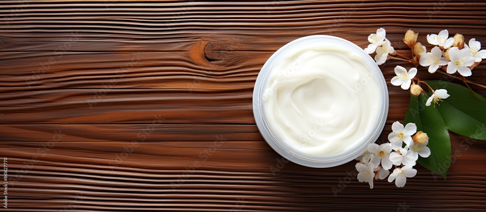 Aufkleber attractive cosmetic cream placed on a bright wooden table with white flowers, creating a visually ap