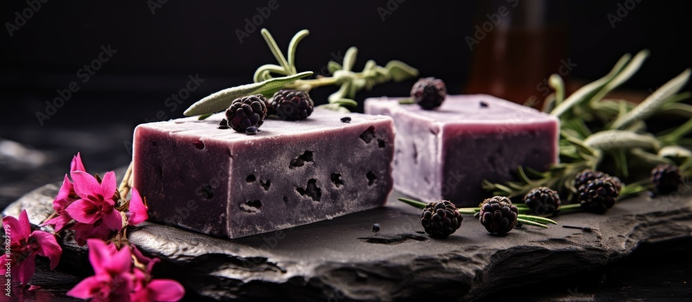 Aufkleber handmade organic soap bars with charcoal on a bright background, accompanied by blackcurrant sorbet,