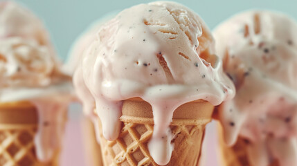 Naklejka premium A close-up of melting ice cream cones, summer, ice cream, hd, delicious with copy space