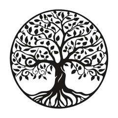 A black and white circular design depicting a tree of life with intricate branches and roots
