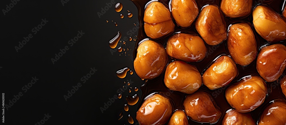 Aufkleber Bird's eye view of honey-glazed potatoes with a blank area for text or images. with copy space image. Place for adding text or design