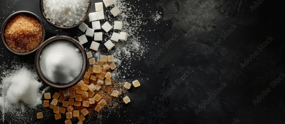 Poster top view of sugar bowls, one with brown and one with white sugar, accompanied by various sugar types