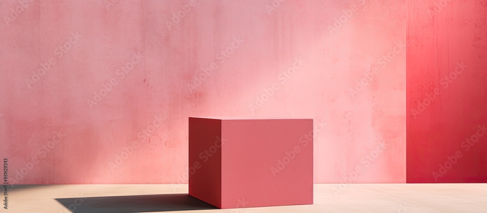 Poster sunlight illuminates a concrete cube podium with shadow on a pink background, creating a minimalisti