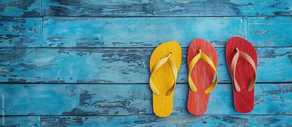 Poster red and yellow flip flops displayed on a blue wooden backdrop, isolated on a white background with s