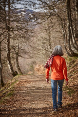 Woman walking in the woods. Healthy lifestyle. Natural environment