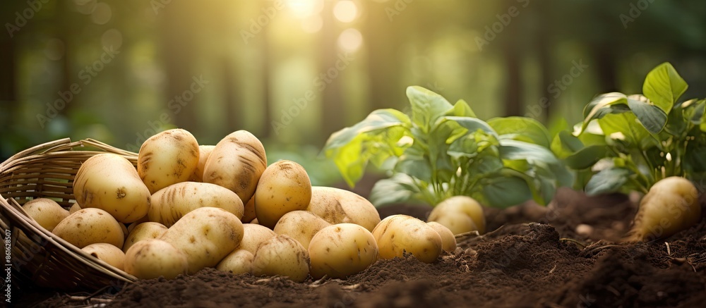 Aufkleber Harvesting potatoes in the garden with selective focus on nature, creating a serene copy space image.