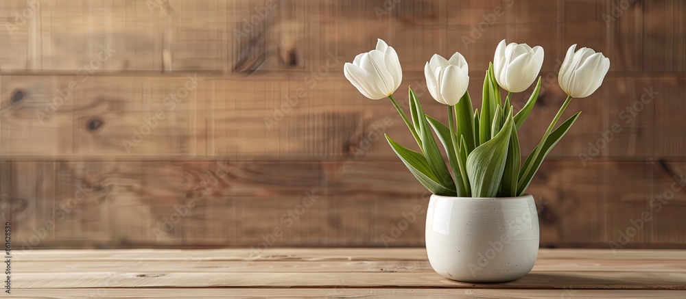 Aufkleber Two white tulips in the pot on wooden table. with copy space image. Place for adding text or design