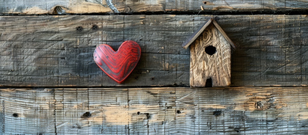 Poster a top-down view of a house figure and heart shape on a wooden backdrop, featuring a copy space image