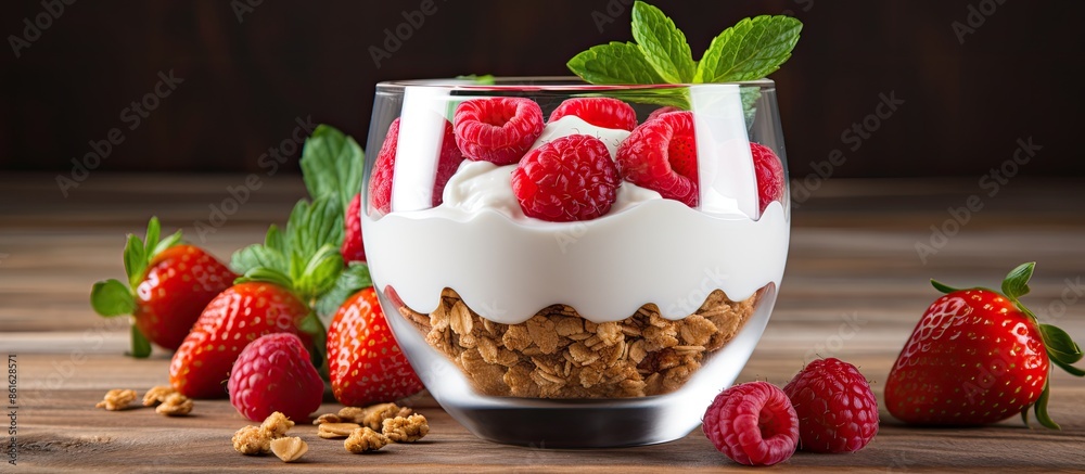 Poster glass of diet yogurt with granola, fresh berries, and strawberry slices on a wooden table with a spa