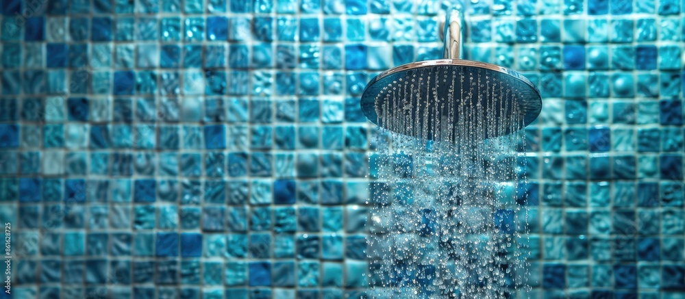 Poster Shower head with flowing water stream in blue mosaic tile wall background. with copy space image. Place for adding text or design