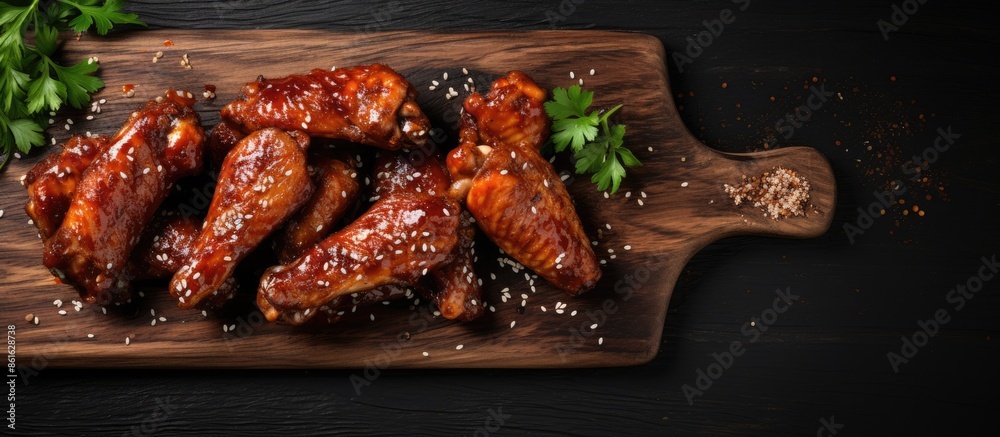 Poster top view of delicious barbecue chicken wings garnished with sesame seeds and parsley on a wooden boa