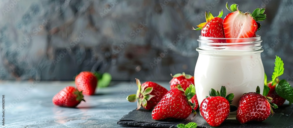 Poster A glass jar of natural yogurt and fresh strawberries on a bright background with available copy space image