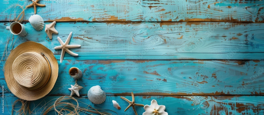 Aufkleber bird's eye view of ocean pier with blue planks by the shore, styled with summer items. background fe
