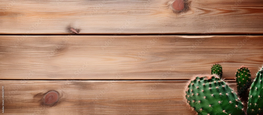 Fototapete Cactus placed on a rustic wooden surface with a blank area for an image. with copy space image. Place for adding text or design