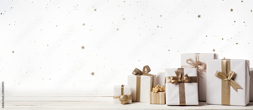 Aufkleber white wooden background with gift boxes and ample space for writing your message, including a large 