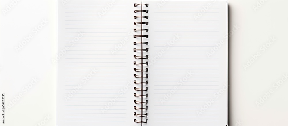 Poster Overhead angled view of a spiral notebook with lined pages for writing, studying math or English at school or the office, set against a white background with a textured paper, providing ample copy