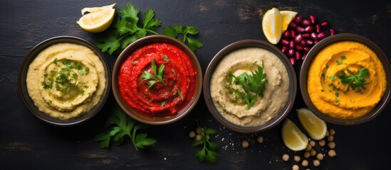 Varieties of hummus in colorful bowls displayed on a dark rustic background with copy space image. Top view arrangement perfect for clean eating, vegetarian diets, or party spreads.