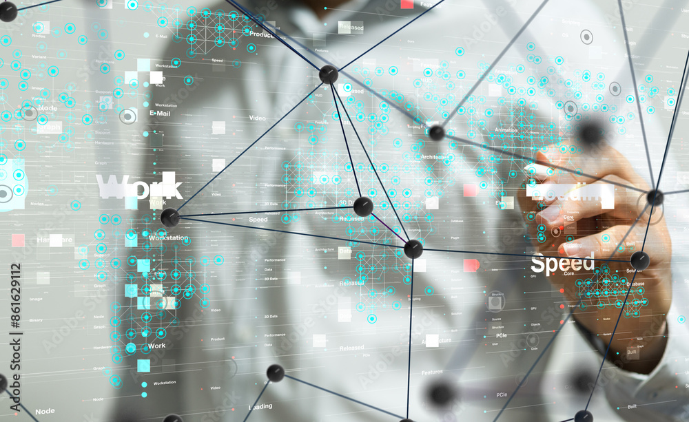 Poster neural network 3d illustration. big data and cybersecurity