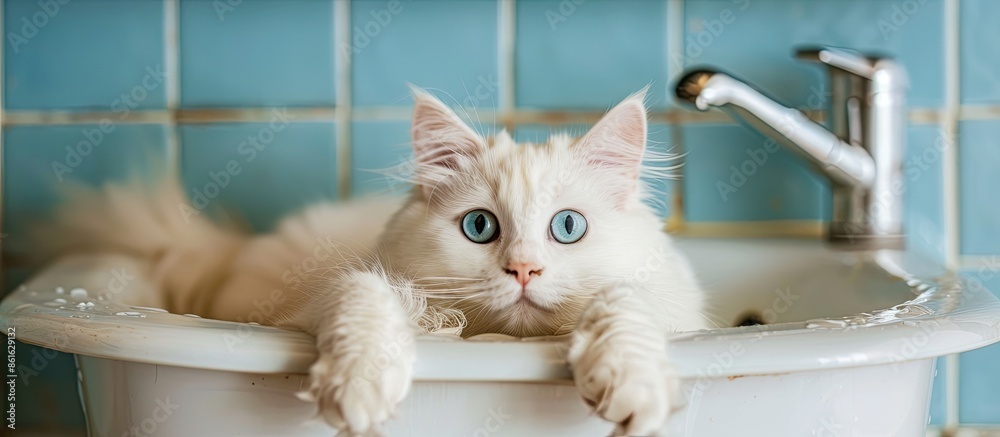 Poster white cat lies in the sink in the bathroom. with copy space image. place for adding text or design