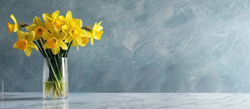 Poster A beautiful arrangement of yellow daffodils in a vase rests on a sleek marble table with ample copy space image.