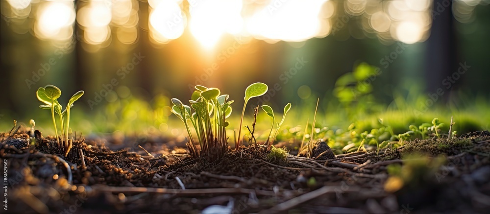 Poster scenic sunset view of plant growth in forest, with a close-up perspective, suitable for adding text 