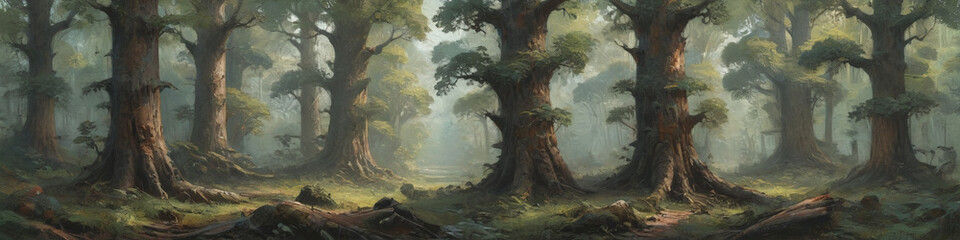 Fototapeta premium A boundless forest landscape depicted with bold, thick oil layers, highlighting the dense canopy and textured trunks of ancient trees, Generative AI