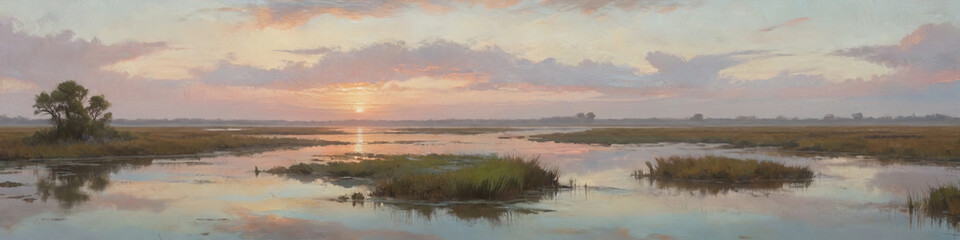 Fototapeta premium A vast, serene wetland depicted in thick oil layers, with endless marshes, reflective waters, and a wide, tranquil horizon under soft, pastel skies, Generative AI