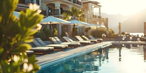 Luxurious Greek Island Hotel Pool and Sun Loungers for Ultimate Relaxation. Concept Luxury Travel, Greek Islands, Hotel Pool, Sun Loungers, Ultimate Relaxation