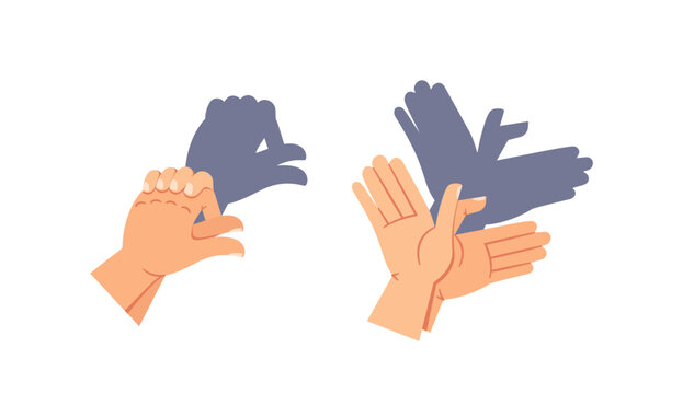 Illustration of Hands Creating Animal Shapes Through Shadow Puppetry. Vector Image Represents Flying Bird And Chicken
