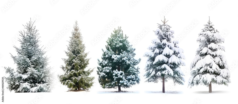 Poster Christmas Tree collage. Christmas Tree in snow isolated over white background. Copy space image. Place for adding text or design