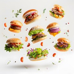 Various tasty burgers with flying ingredients