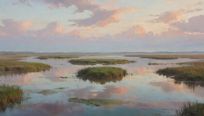 Obraz premium A vast, serene wetland depicted in thick oil layers, with endless marshes, reflective waters, and a wide, tranquil horizon under soft, pastel skies, Generative AI