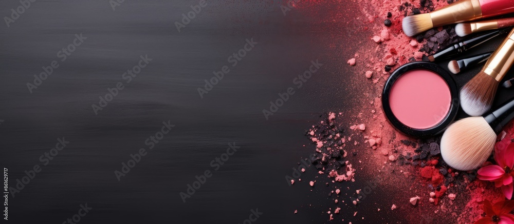Aufkleber Decorative cosmetics and brushes creatively arranged in a frame on a white background in a top-view copy space image.