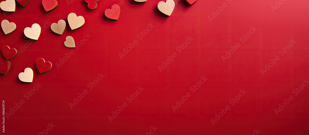 Poster Lovely small wooden hearts set against a red backdrop, with space for adding an image. with copy space image. Place for adding text or design