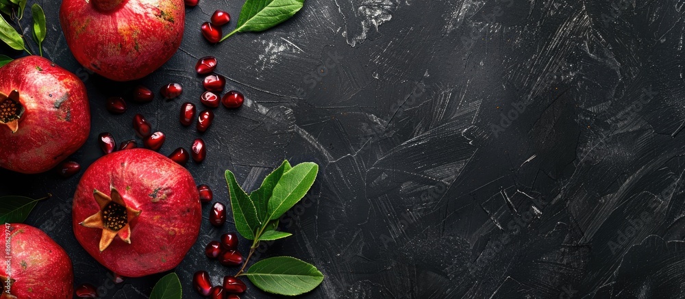 Poster table with ripe pomegranates on black background, ideal for a copy space image.