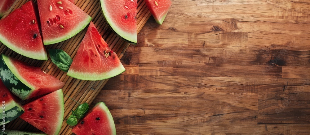 Leinwandbilder Top view of fresh watermelon slices displayed on a bamboo board with ample copy space image available.