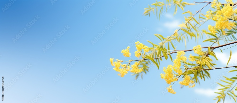 Poster a panoramic banner with acacia branches against a blue sky, allowing for copy space image.