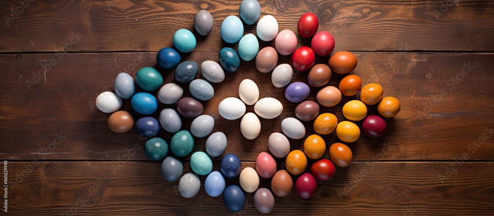 Aufkleber a circular arrangement of colorful painted chicken eggs on a wooden surface seen from above, with ro