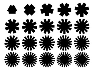 Set of black geometric radial starburst shapes with increasing spikes, abstract sunburst and asterisk symbols isolated on white background. Modern vector design elements for patterns, logos, badges