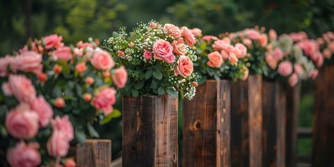 Fototapeta premium Creating a Romantic Wedding Setting with Wooden Square Floral Decorations. Concept Wooden Square Floral Decor, Romantic Wedding Setup, Vintage Wedding Decor, Rustic Wedding Theme