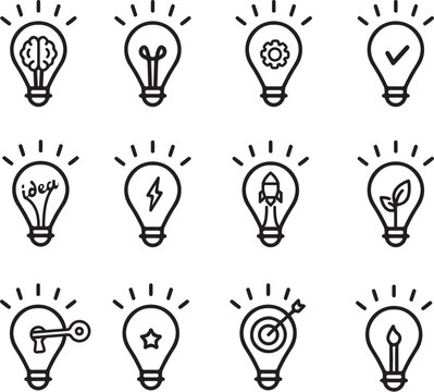 Idea icons. flat line set of icons. Brain, rocket, candle, star, key, leaf  symbols in lightbulb vector illustration. used for criativity, innovation, solution, business and education industry.
