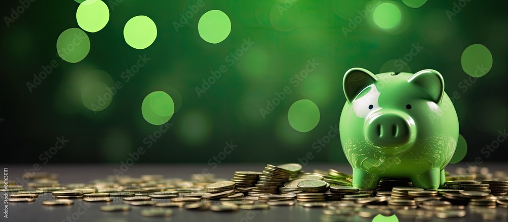 Aufkleber green bokeh background with a piggy bank filled with coins, ideal for a banner, starring a copy spac