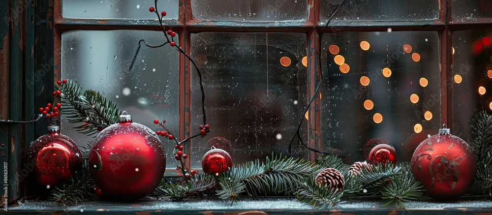 Poster red christmas baubles adorn the window with a charming copy space image.