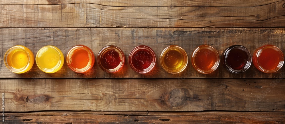 Aufkleber Top view of jars displaying various types of honey on a wooden surface, creating a mockup design with copy space image.